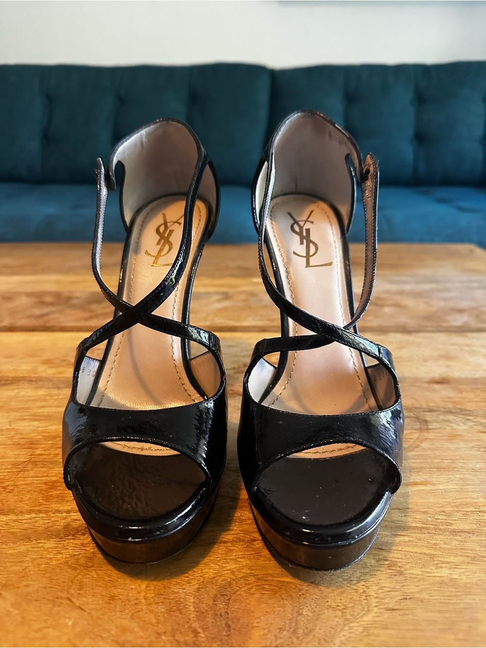 Authentic YSL Saint Laurent Black Patent Leather Platform Sandals Cross Straps